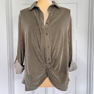 Paper Crane Green and White Striped Twist Front Button Down - Medium